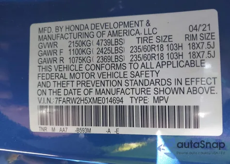 2021 Honda Cr-V Awd Ex from USA, damaged, VIN 7FARW2H5XME014694